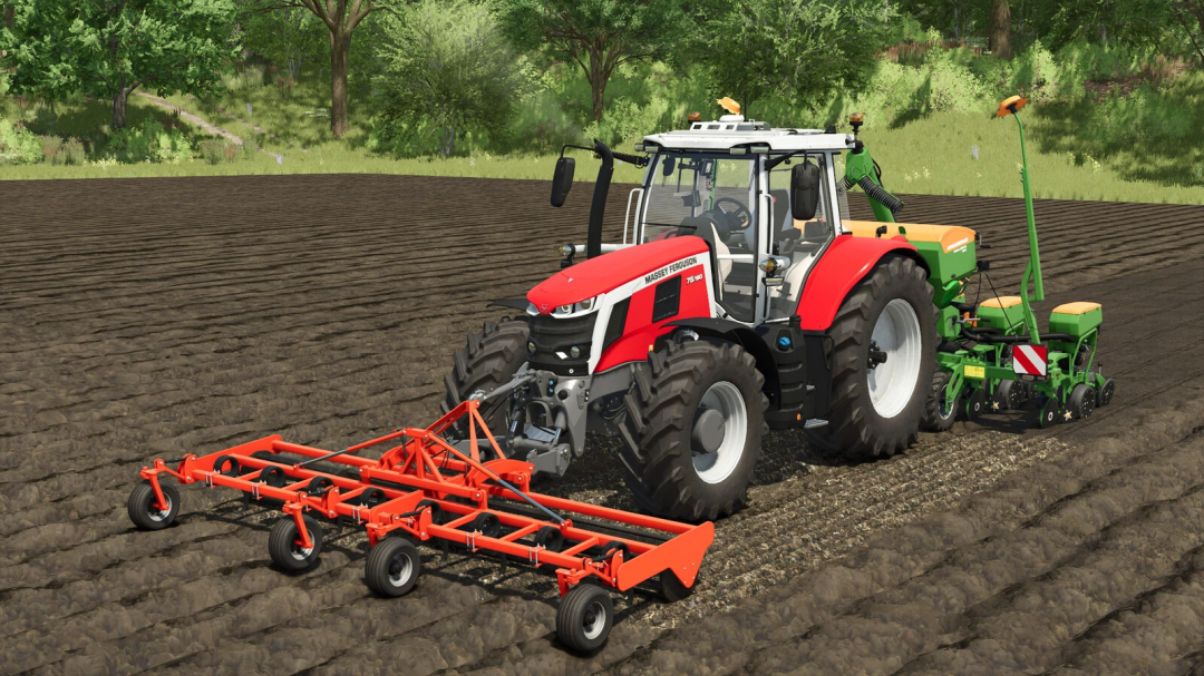 FS25 mod showing a red tractor with Front Cultivator v1.0.0.0 working in a field, featuring lush green trees in the background.