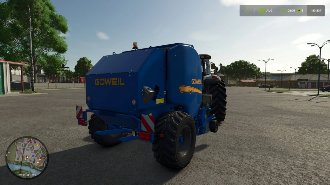 Goeweil F125 Edited v1.0.0.0 mod in FS25 showcasing a blue agricultural machine attached to a tractor in Farming Simulator 25.