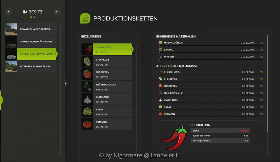 FS25 Greenhouses v1.0.0.1 mod interface showing production chains for chili peppers, cabbage, and more.