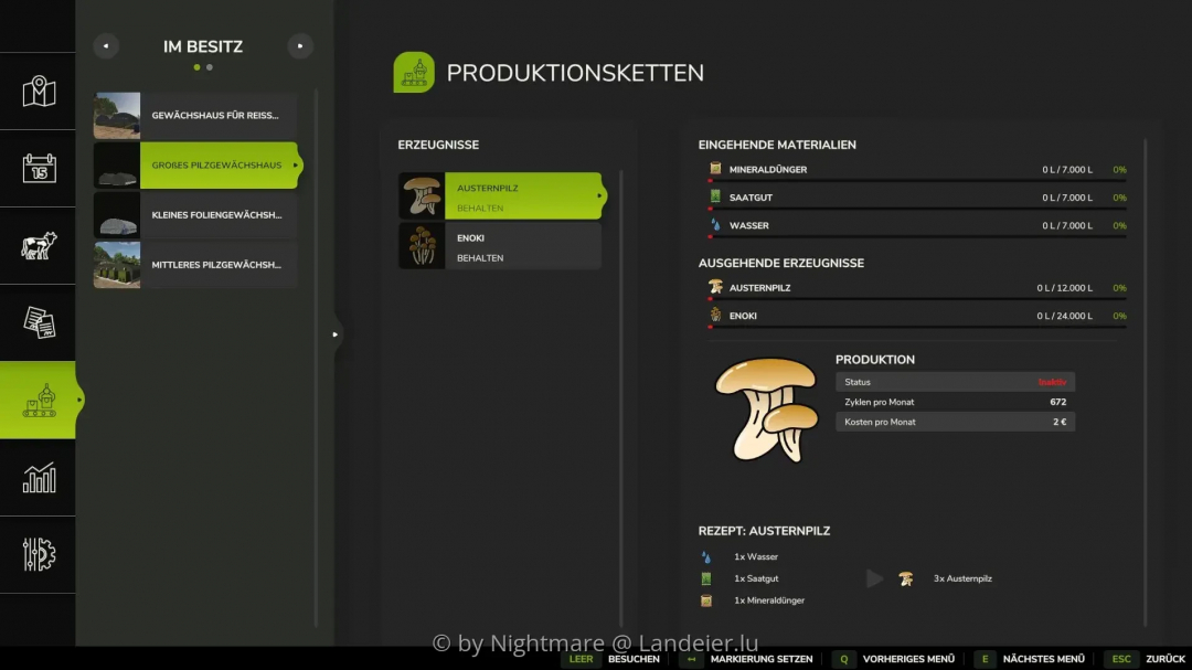 FS25 Greenhouses v1.0.0.1 mod interface showing mushroom production details.