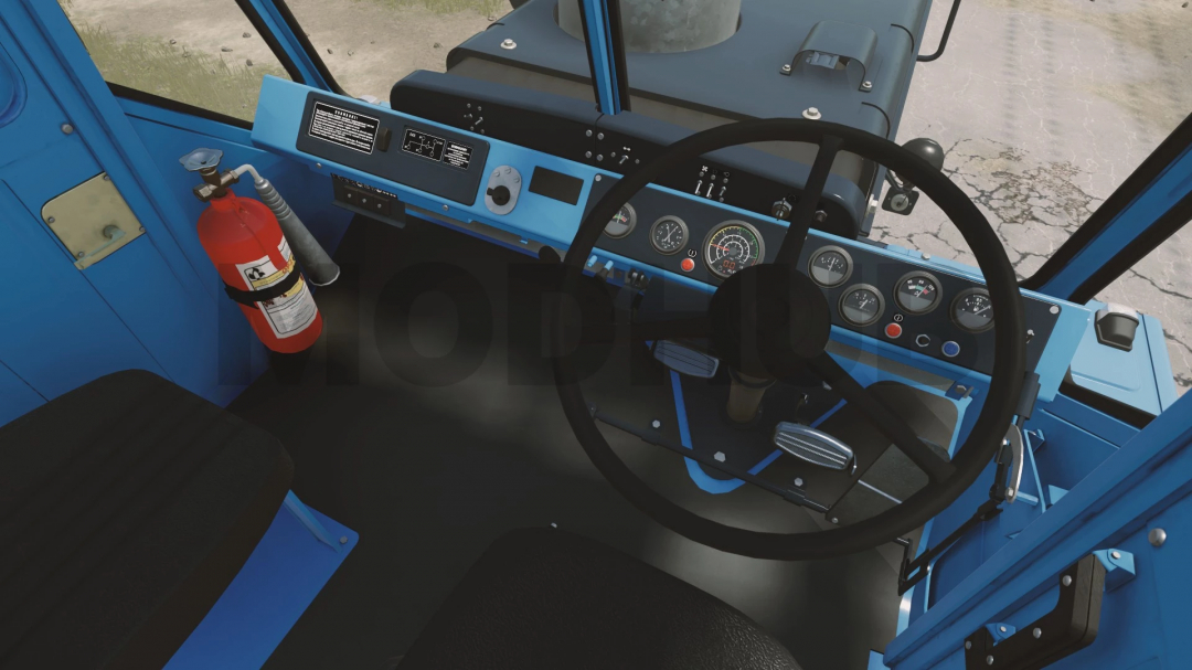 Interior view of the HTZ T-150K-09 tractor mod in FS22, showing steering wheel and dashboard.