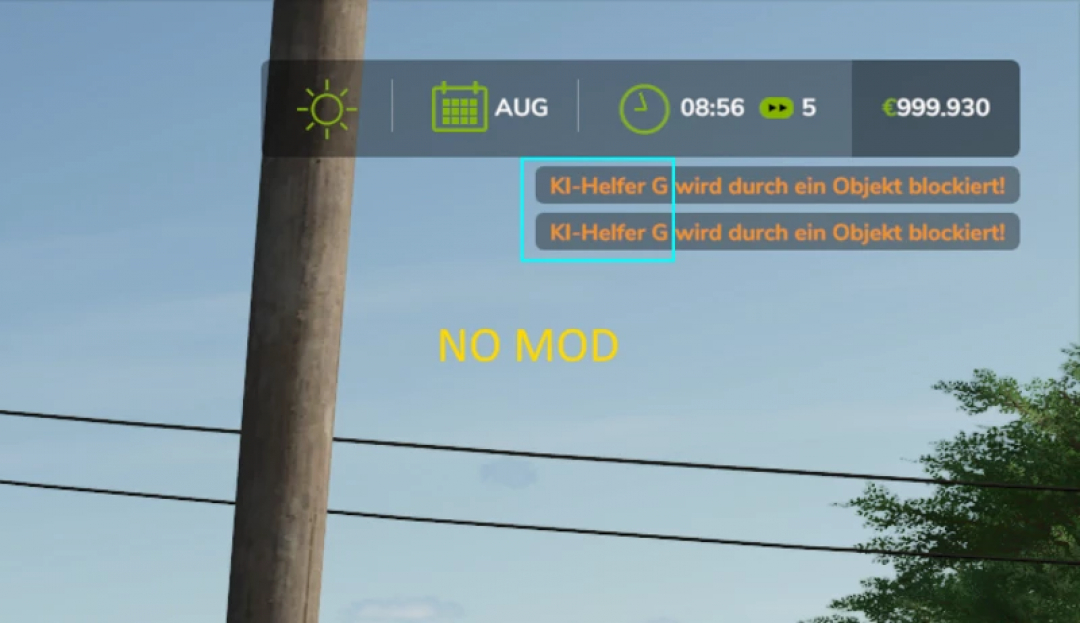 FS25 mod Hired Helper Tool v0.54 Beta: UI toont tijd, datum en geblokkeerde helpermelding met 'NO MOD' tekst.