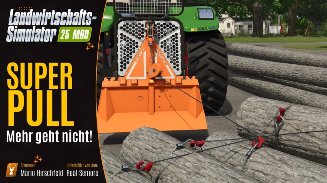 FS25 mod Hirschfeld Superpull v1.0.0.0 showing heavy-duty equipment pulling logs in Farming Simulator 25.