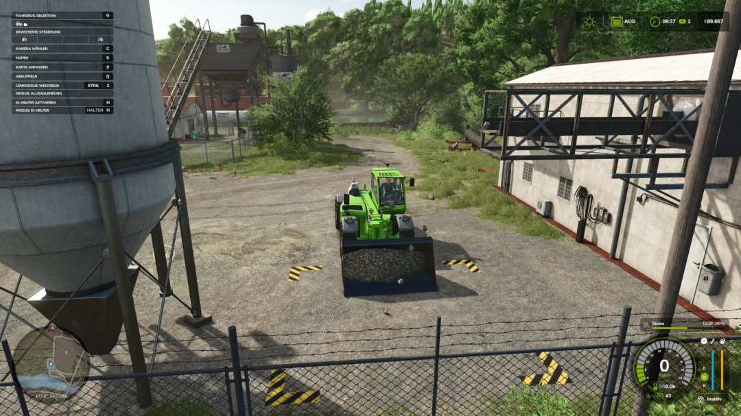 FS25 mod HoT Special Shovel v1.0.0.0 in use, featuring a green loader handling gravel on a farmyard.