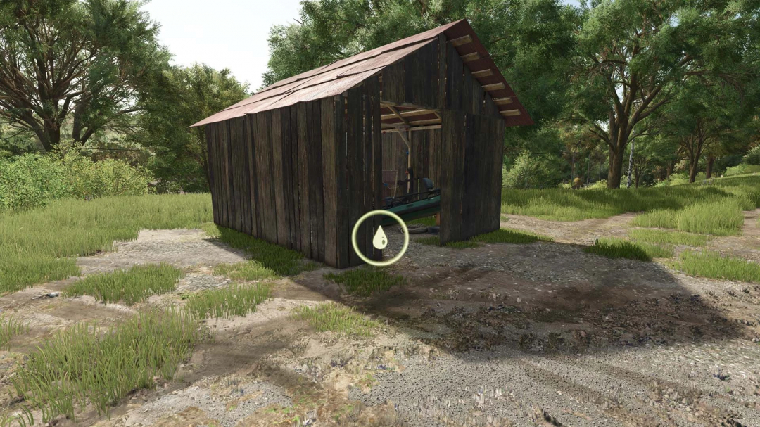 Wooden shed in FS25 with Invisible Well mod. Trees and grass surround the structure, making it ideal for Farming Simulator 25 gameplay.