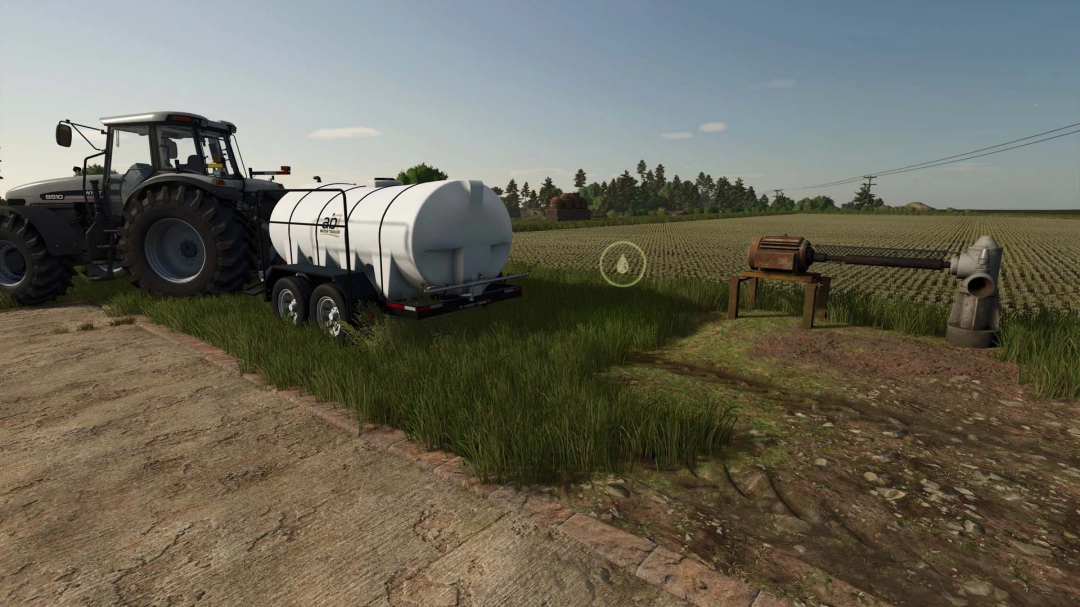 FS25 mods: Tractor with water tank trailer near an Invisible Well in Farming Simulator 25.