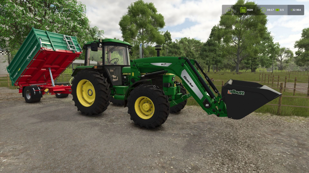 John Deere 3650 tractor mod with front loader and green trailer in FS25 game setting.