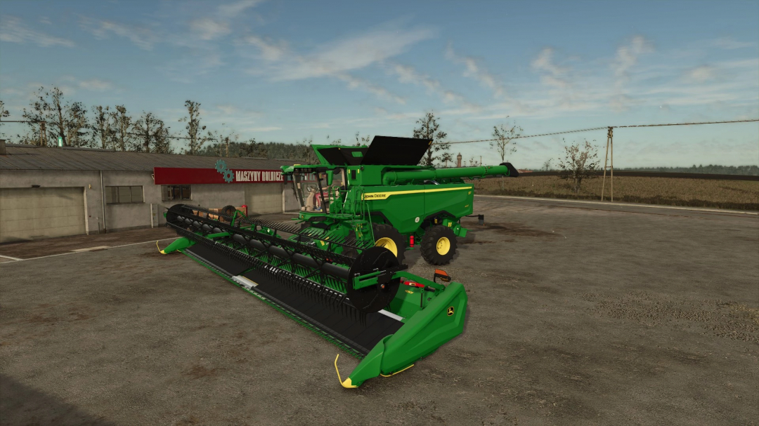 FS25 mod showing John Deere 7S Series harvester parked near farm building.