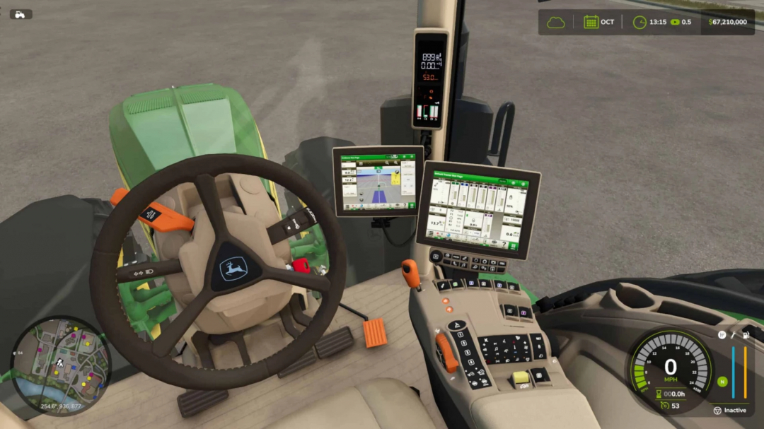 Interior view of the John Deere 8R Tractor mod in FS25, showing detailed dashboard controls and monitors.