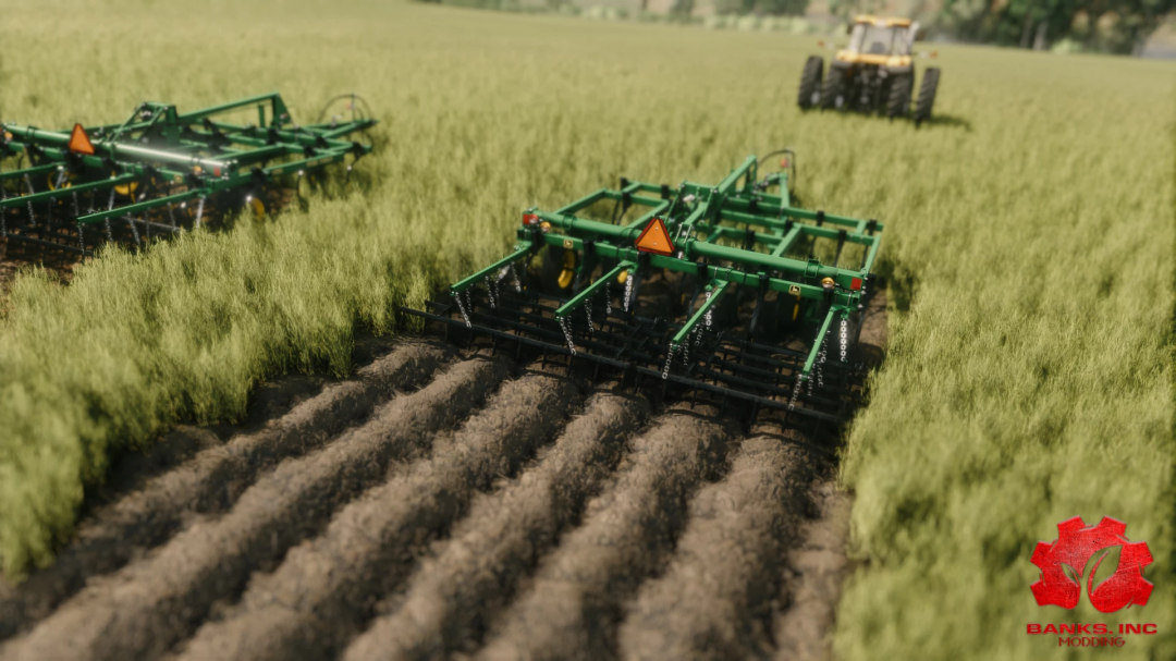 John Deere 980 cultivator mod in Farming Simulator 25, voorbereiden van grond op een veld.