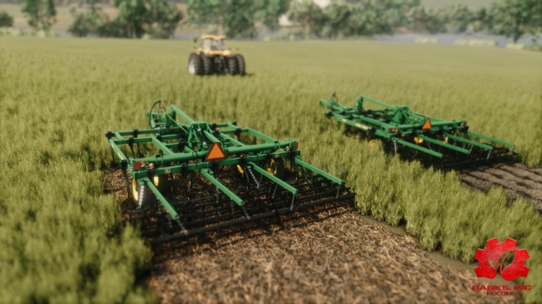 FS25-mod John Deere 980-cultivatoren op een weelderig veld, toont Farming Simulator 25 modding.