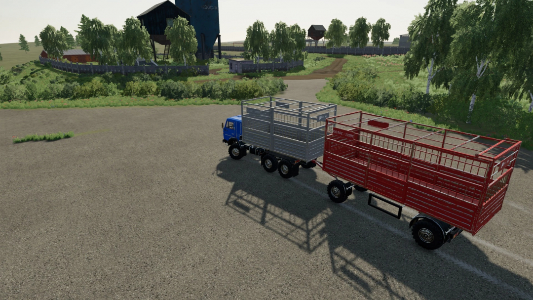 FS22 Kolos-52PS/52PP mod showing a blue truck with silver and red trailers on a farm.