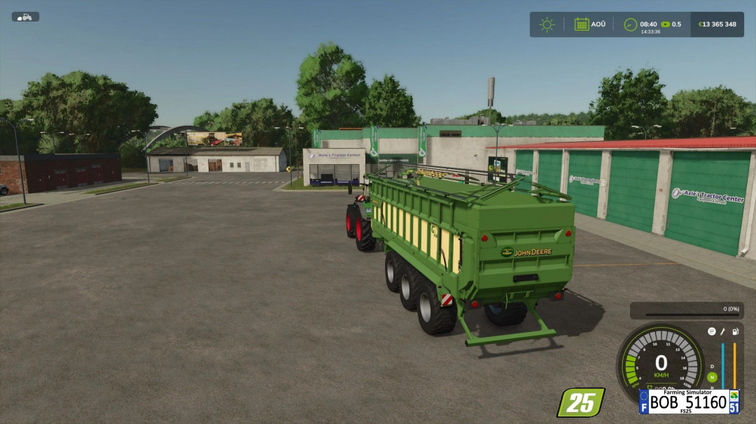 Mod FS25 Krone GX520+ John Deere Edition przed centrum traktorów Axle w Farming Simulator 25.