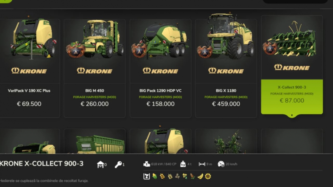 FS25 Krone pack mod selection, featuring forage harvesters: VariPack V 190 XC Plus, BiG M 450, BiG Pack 1290 HDP VC, BiG X 1180, X-Collect 900-3.