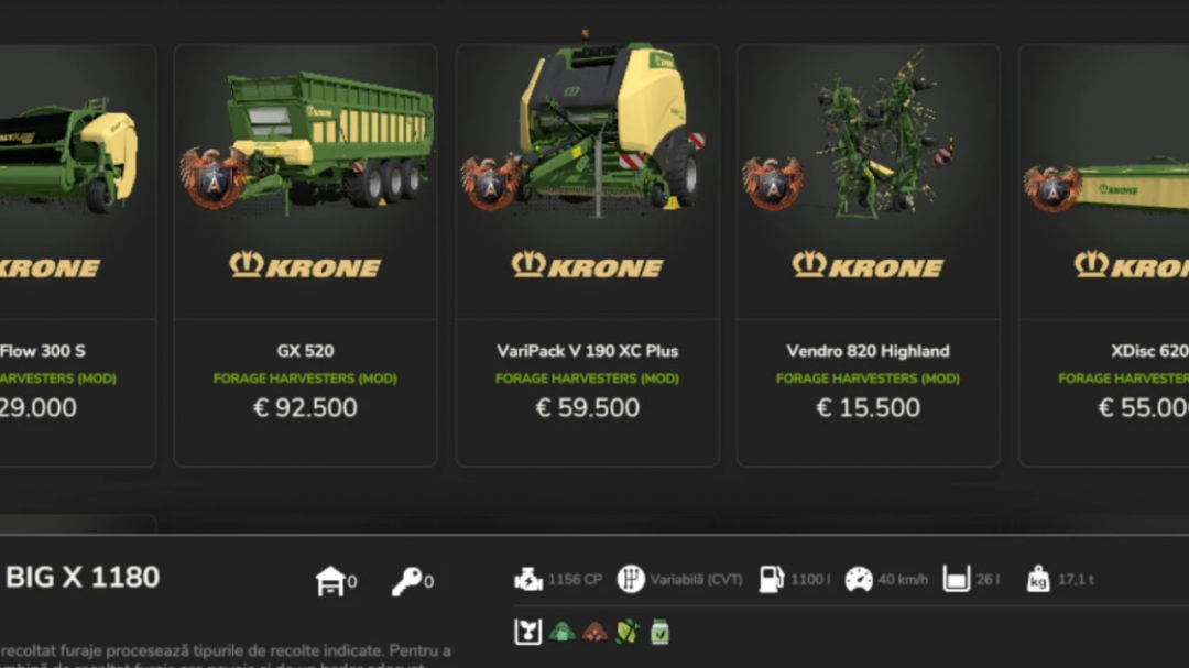 Farming Simulator 25 Krone Pack v1.0.0.0 mods displayed, includes forage harvesters like GX 520, VariPack V 190 XC Plus.