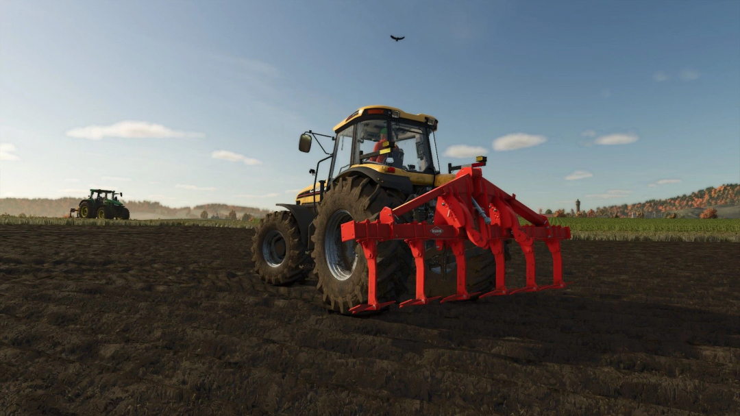 Tractor using Kuhn DC 401 Plow Edition on field in FS25 mod.