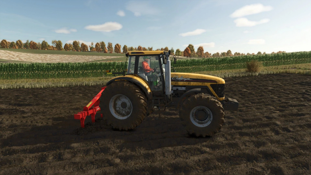 Yellow tractor with Kuhn DC 401 Plow in FS25 mod on a plowed field.