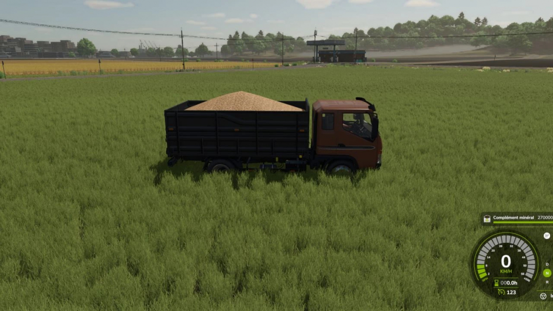 Mod FS25 Lizard Dragon v2.0.0.0 camión cargado de grano en un campo cubierto de hierba.