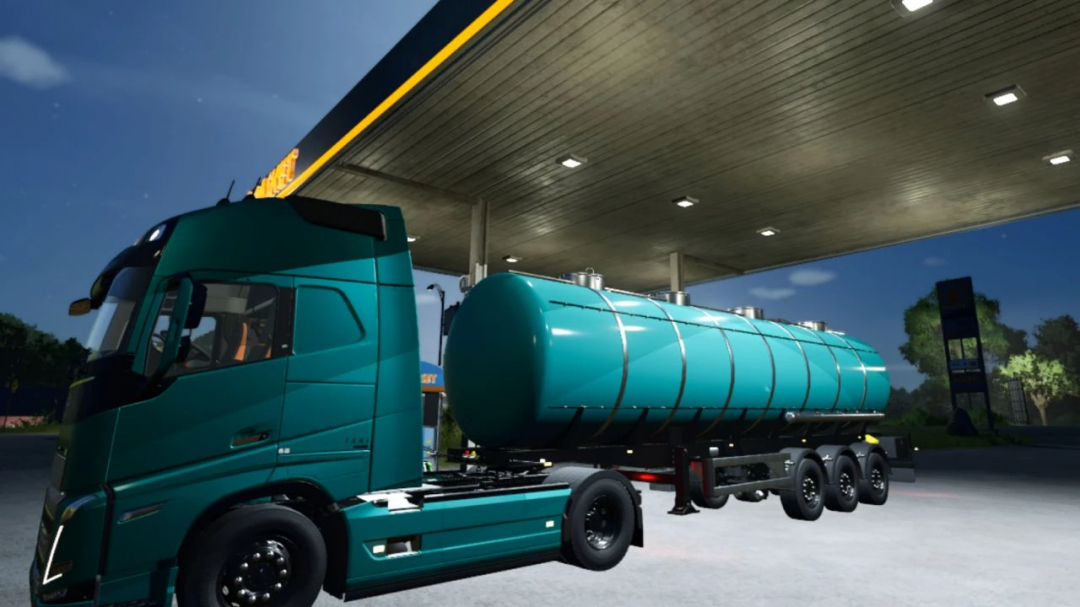 Lizard MKS32 mod in FS25 showcasing a green tanker truck at a gas station.