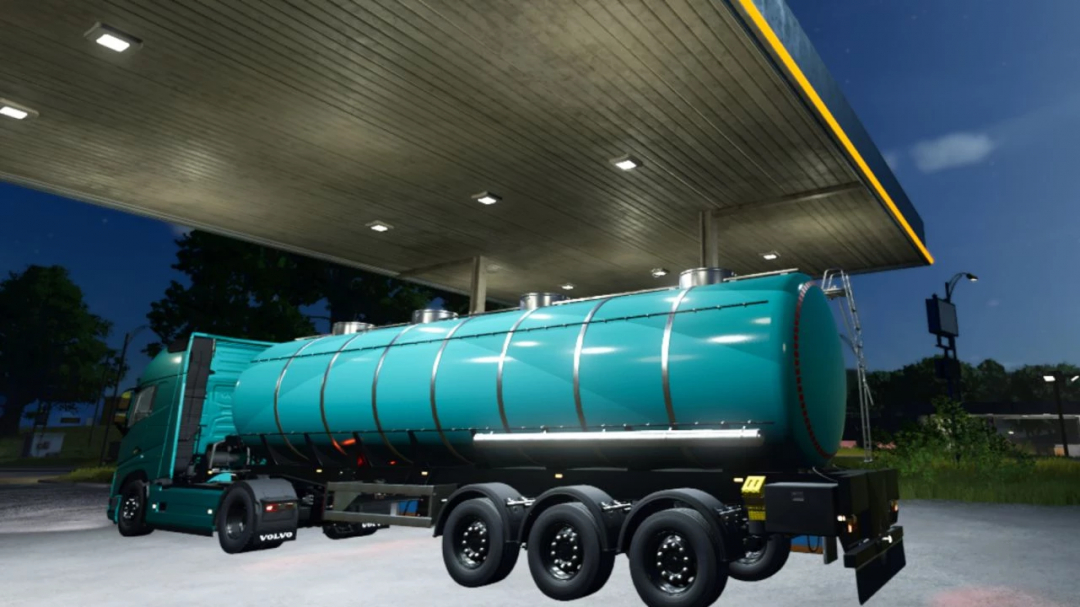 FS25 mod Lizard MKS32 v1.0.0.0 shows a turquoise tanker truck at a gas station, enhancing Farming Simulator 25 gameplay.