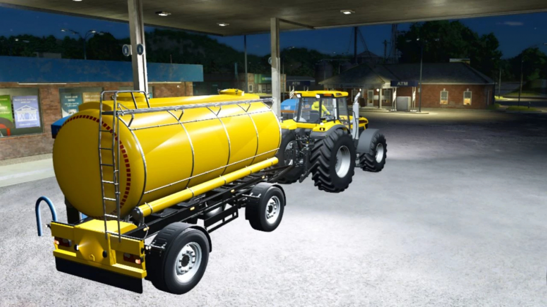 FS25 mod Lizard MKS8 v1.0.0.0, citerne jaune attachée à un tracteur à une station-service la nuit.