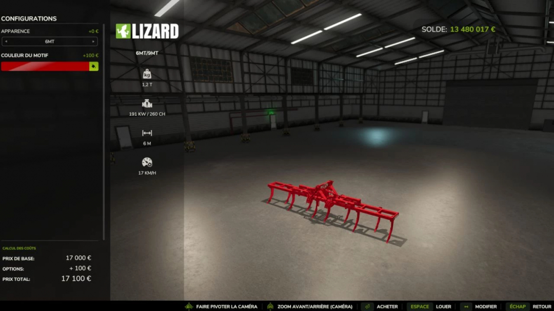 Lizard MT v1.0.0.0 mod in Farming Simulator 25, toont een rode cultiveren in een magazijn met configuratieopties.