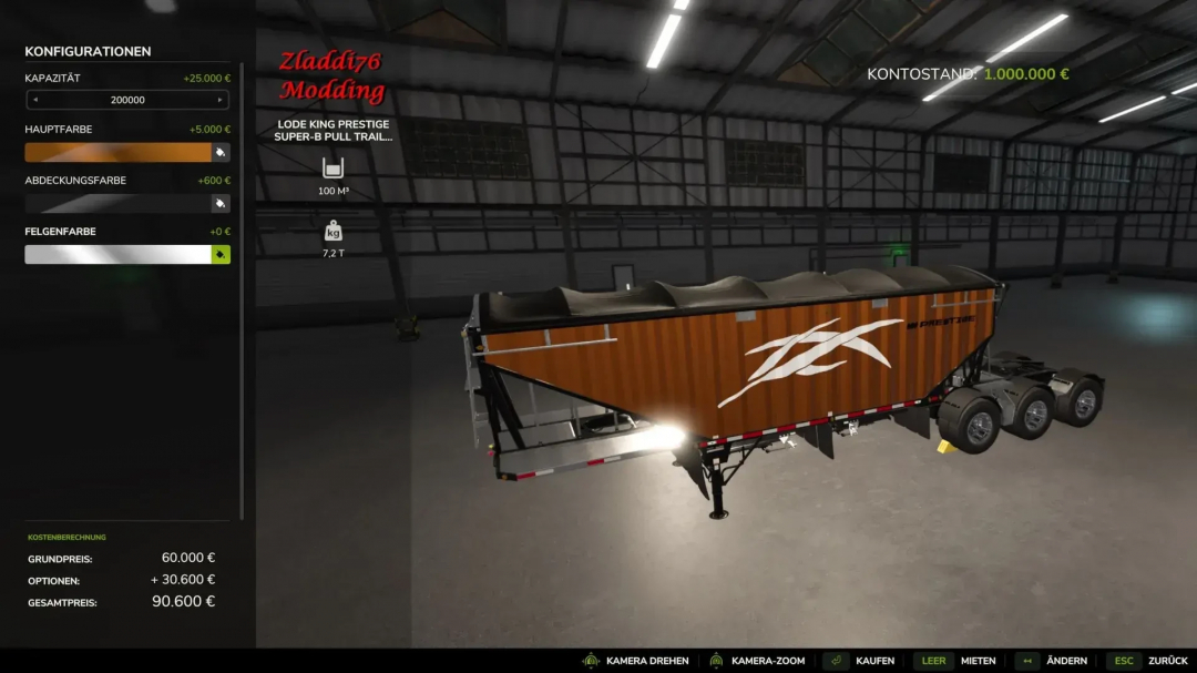 FS25-mod LodeKing Super B v1.0.0.0 toont configuratie-opties en prijzen in een virtuele garage.