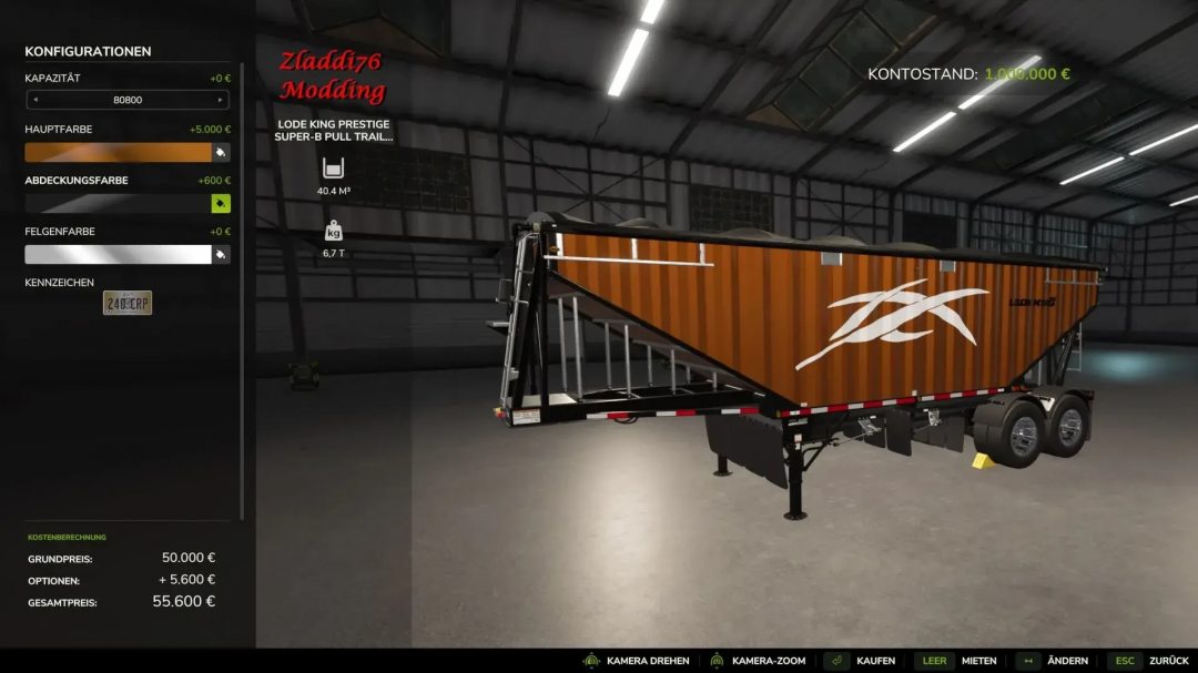 LodeKing Super B aanhanger mod in FS25, toont configuratie-opties in een garage.