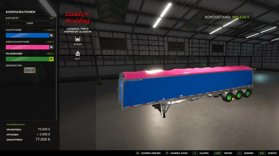 Mod LodeKing Triple Hopper dans FS25, avec personnalisations bleues et roses dans un garage.