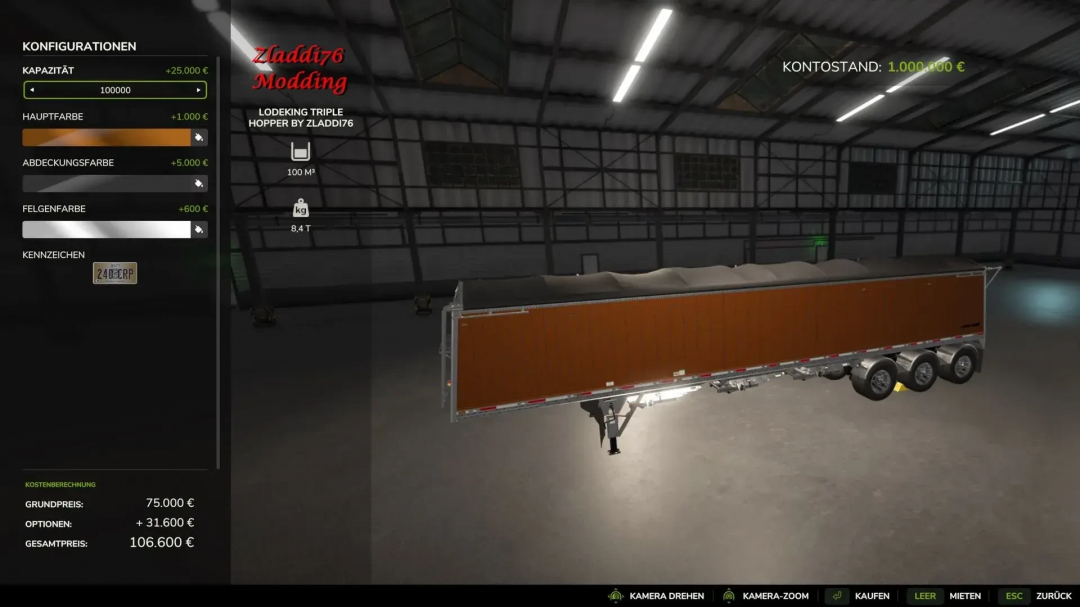 Mod FS25 LodeKing Triple Hopper v1.0.0.0 dans un garage avec le menu de configuration affiché à l'écran.