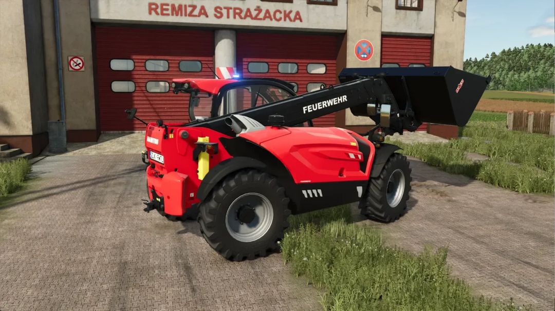 FS25 mod Manitou brandweertelehandler geparkeerd bij een brandweerkazerne.