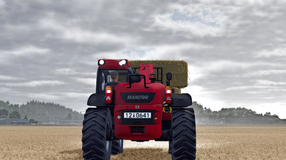 FS25-mods: Manitou MLT 629 verreiker transporteert hooibalen in een veld.