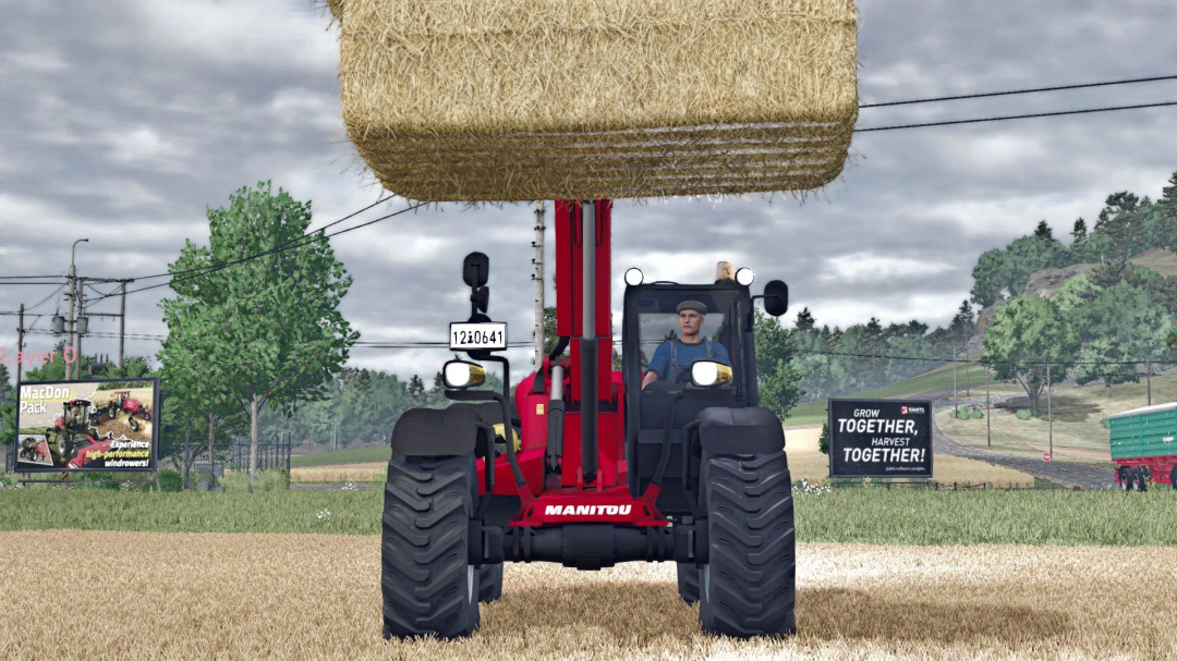 FS25 mod Manitou MLT 629 tilt hooibaal op in Farming Simulator 25.