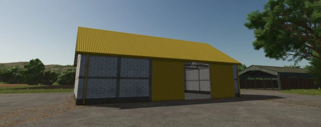 Garage Media Gialla mod per FS25, struttura in mattoni e metallo giallo, perfetto per Farming Simulator 25.