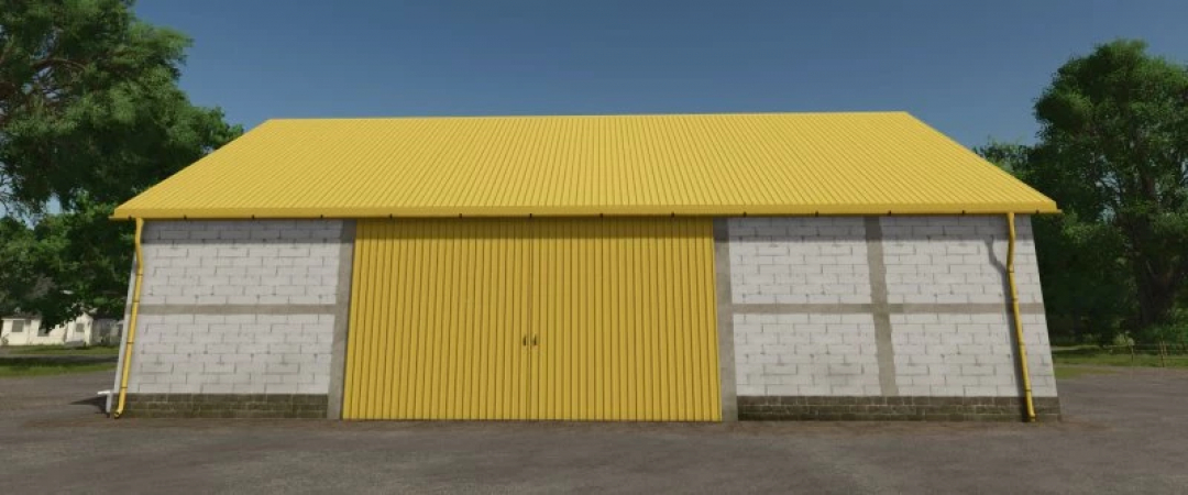 Mod Medium Yellow Garage per FS25, con una grande struttura dal tetto giallo in Farming Simulator 25.