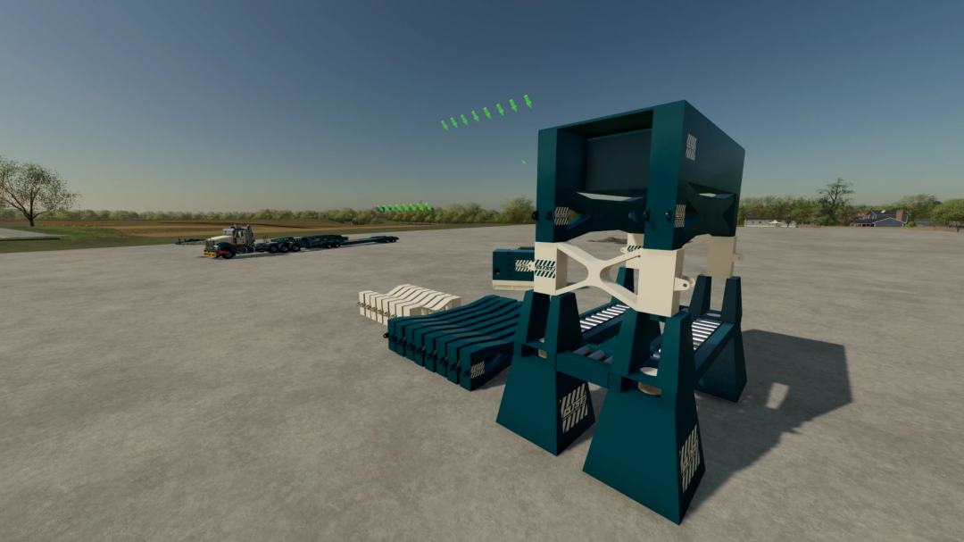 FS25 mod Mega Jack 5200 v1.0.0.0 featuring a large teal jack and accessories on a farmyard setting.