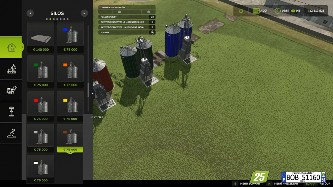 Mod Mega Silo Multifruits en FS25 mostrando diferentes opciones de silos con precios, destacando diversas capacidades de almacenamiento.