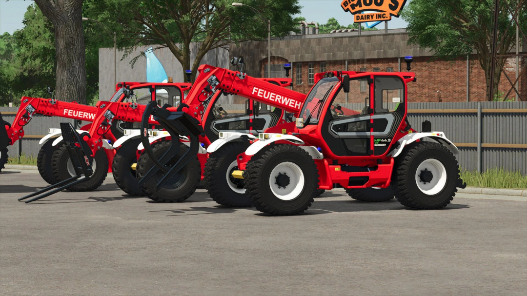 Mod Merlo Multifarmer 449 Vigili del Fuoco in FS25, veicolo di soccorso rosso con accessori.