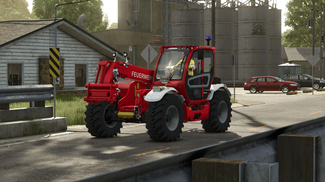 Mod Merlo Multifarmer 449 Vigili del Fuoco in FS25, con un veicolo di soccorso rosso in ambiente rurale.