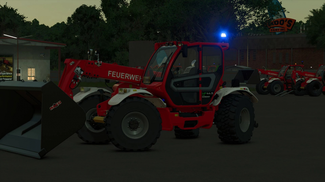 Mod Merlo Multifarmer 449 Vigili del fuoco in FS25, con trattore rosso e luci d'emergenza.