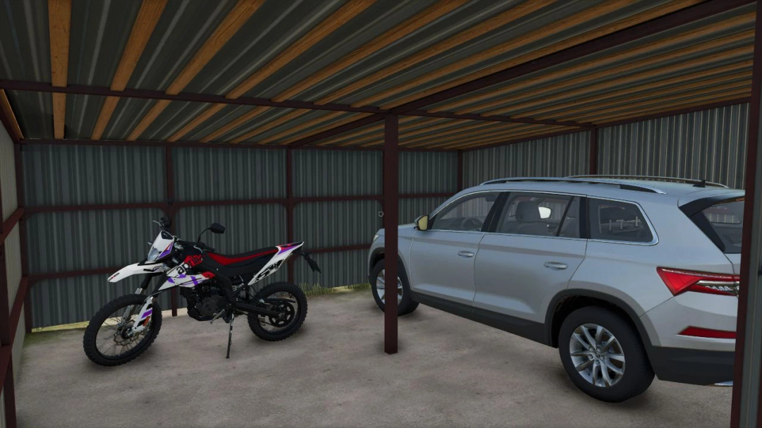 Mod FS25: garage in metallo con moto e SUV dal Metal Garages Pack v1.0.0.0 in Farming Simulator 25.