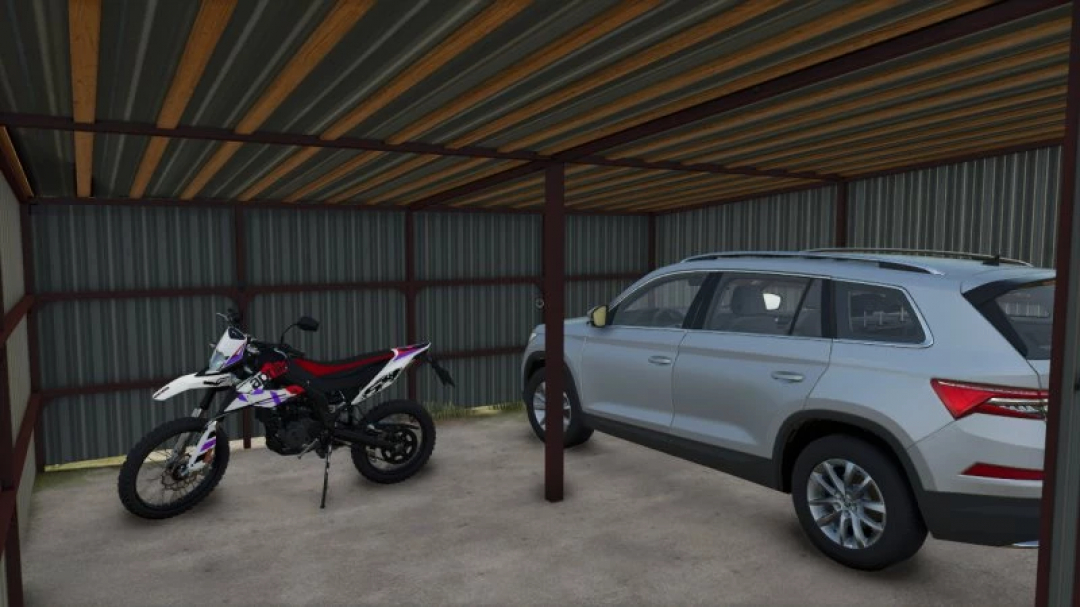 FS25 Metal Garages Pack v1.0.0.0: Motorcycle and car parked in a metal garage, showcasing Farming Simulator 25 mods.