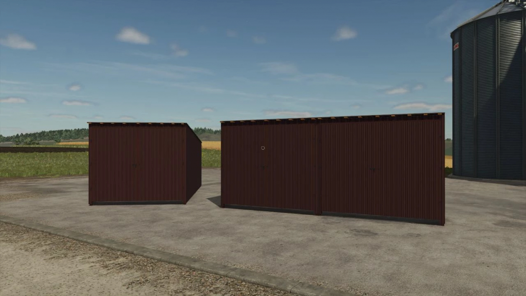 Pacchetto garage in metallo per FS25, con due garage marroni su superficie in cemento.