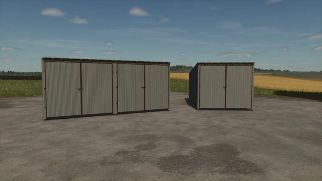 Metal Garages Pack mod for FS25 showcasing two metal garages on a concrete surface with fields in the background.