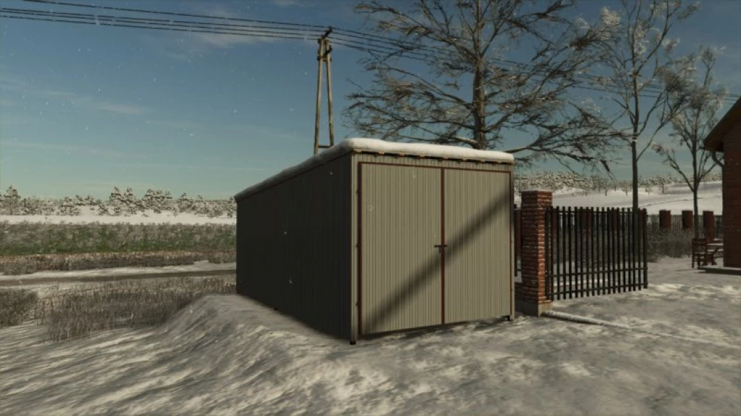 Metal garage in snowy landscape, part of FS25 mods Metal Garages Pack v1.0.0.0