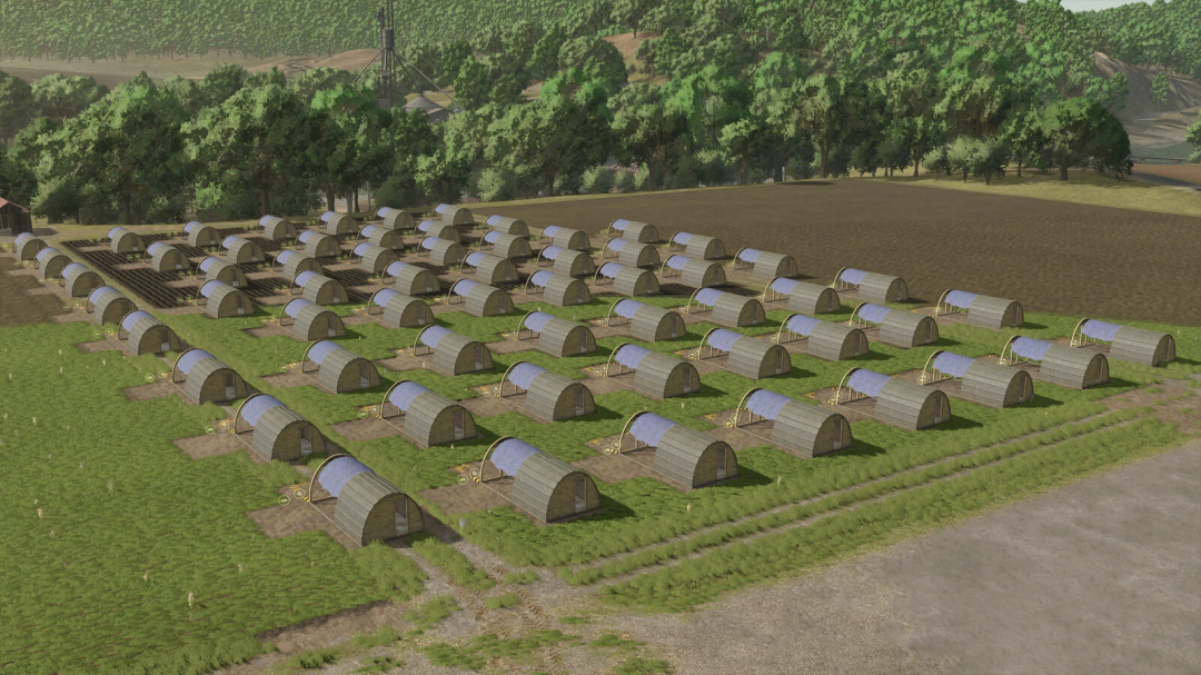 FS25 mod More Animal Husbandries Possible v1.0.0.0 showing 64 animal shelters in a lush farm setting.