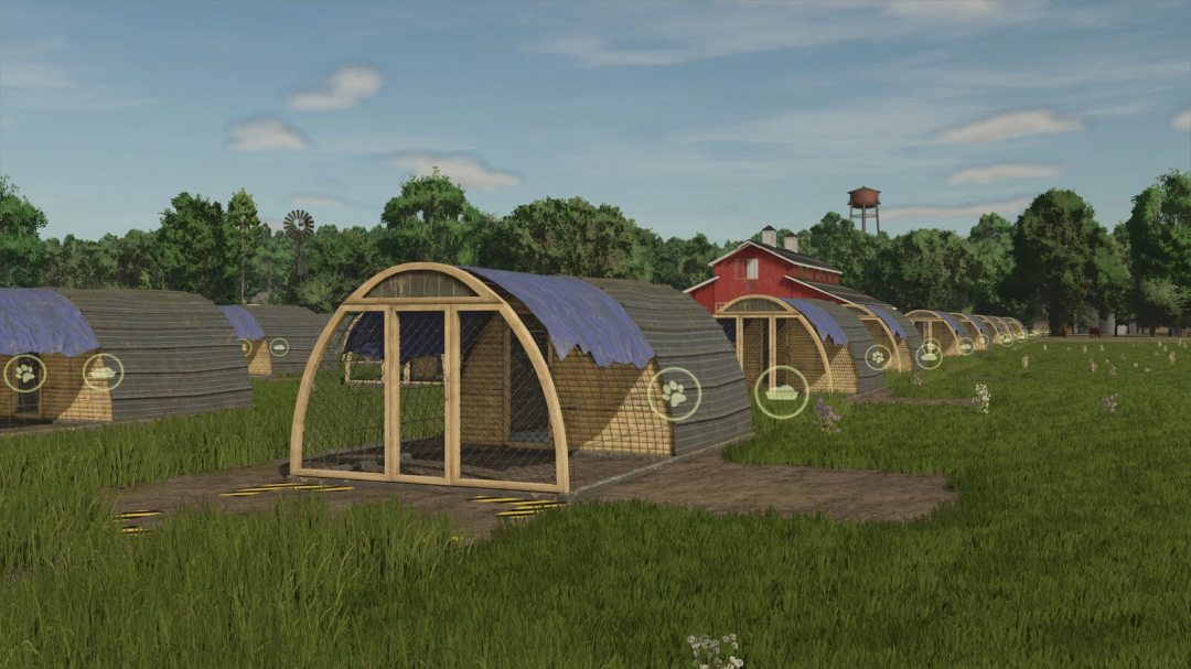 FS25 More Animal Husbandries mod shows multiple animal shelters in a grassy field, enhancing farming capabilities.