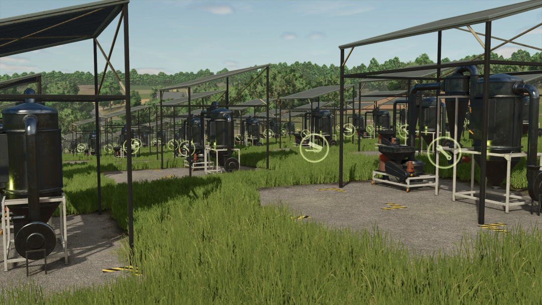 Production facilities in a field setting from FS25 mod More Productions Possible. Farming Simulator 25 mods enhance gameplay.