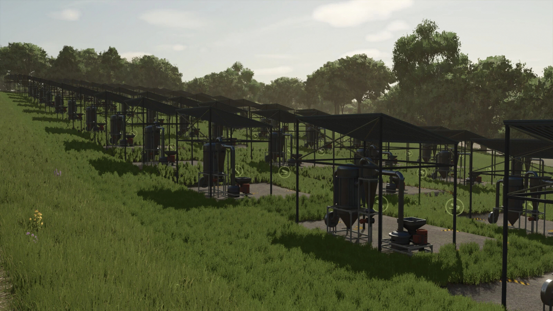 FS25 mod image showcasing agricultural production facilities in a green field, from More Productions Possible (120) mod.