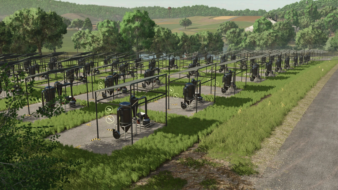 Multiple production units in FS25 mod More Productions Possible v1.0.0.0 on a grassy field.